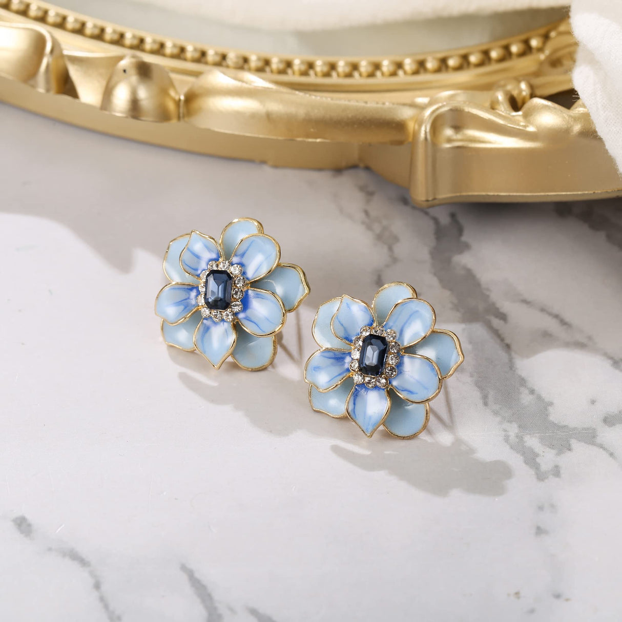 BriLove Stunning Emerald Cut Flower Leaf Stud Earrings for Women Blue