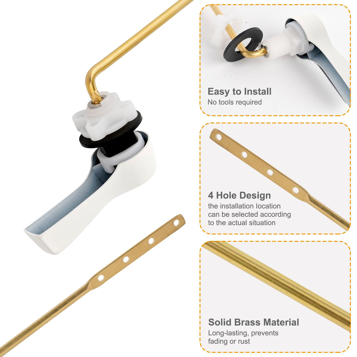 Hibbent Universal Metal Front Mount Toilet Handle Replacement Kit, Brass Toilet Flush Tank Lever with Stainless Steel Flapper Chains for Most Toilets, White Finish