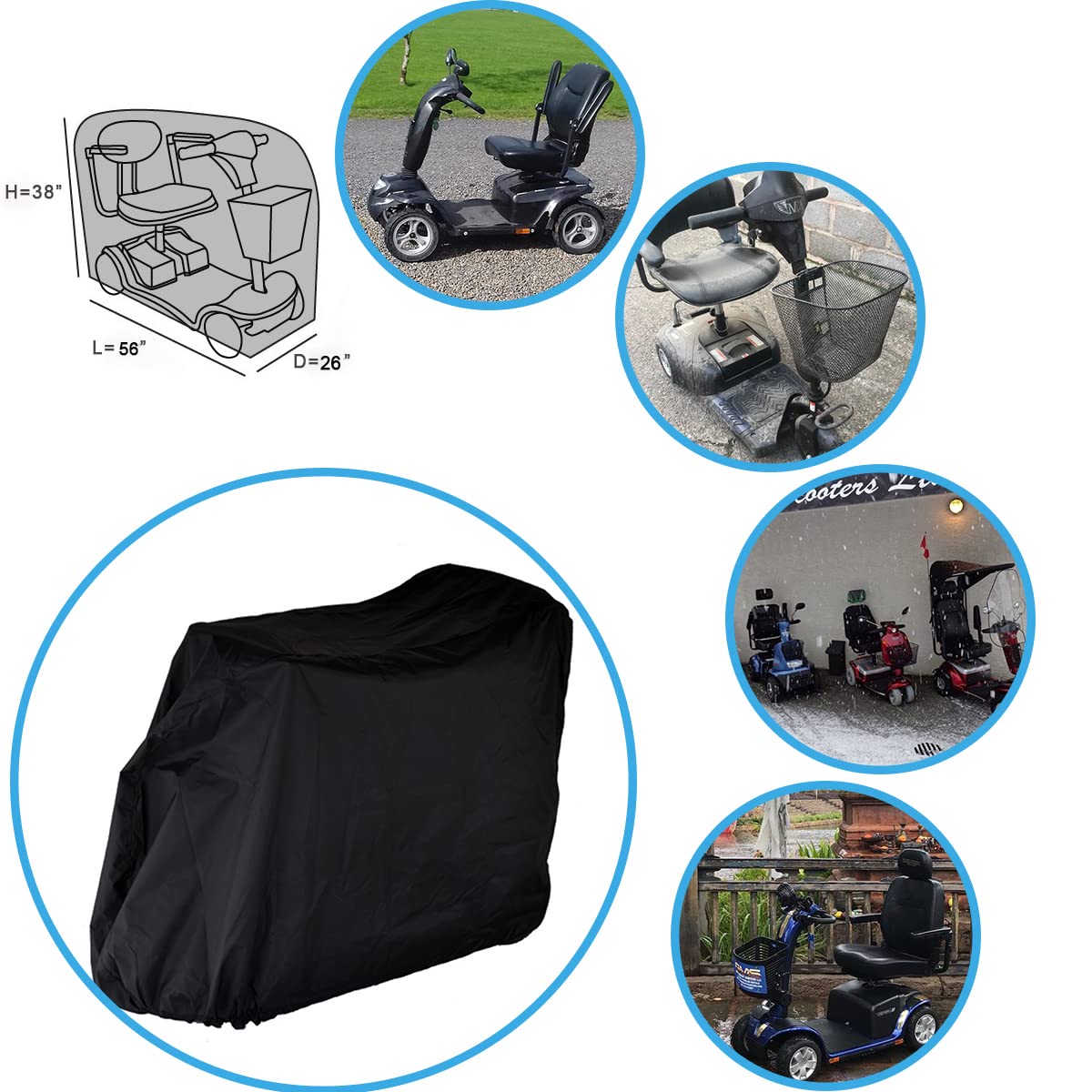 Valchoose 56" L x 26" W x 38" H Upgraded Mobility Scooter Cover, 420D Thicker Oxford Fabric, Scooter Cover Waterproof Mobility with Waterproof Strip - Water Resistant, with 2 Fixed Buckles (Black)