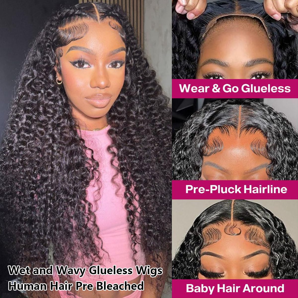 HINOEI 28 inch Glueless Wigs Human Hair Pre Plucked Pre Cut Wear and Go Water Wave 7x4 Closure Wigs Human Hair 200 Density Wet and Wavy Curly Wig Human Hair Pre Bleached