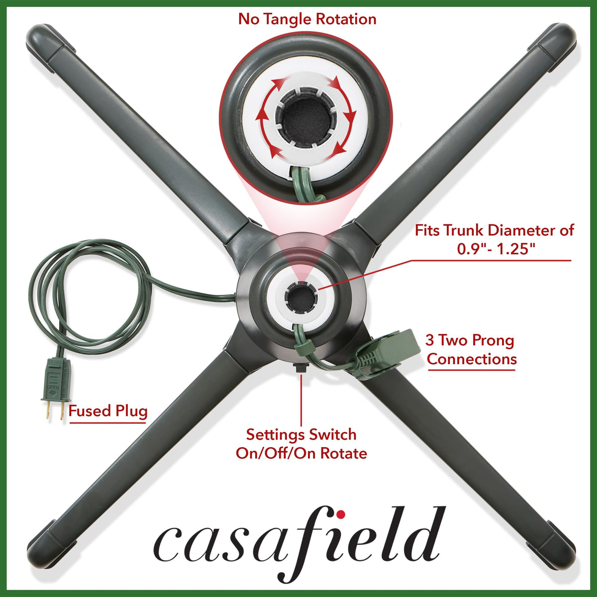 Casafield 360-Degree Rotating Christmas Tree Stand - Adjustable Revolving Base for Up to 7.5 FT Artificial Tree with 3 Built-in Electrical Outlets, Green