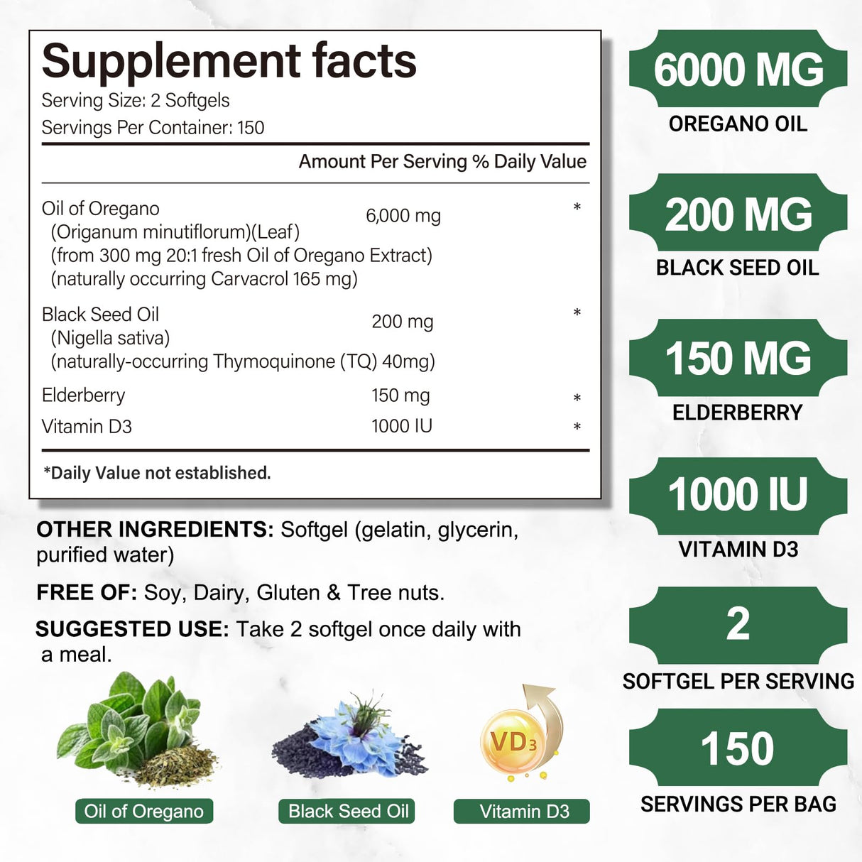 Oil of Oregano, 300 Softgel, 4-in-1 Oil of Oregano with Black Seed Oil, Vitamin D3 & Elderberry, Organic Oregano Oil Capsules, 4X Strength Carvacrol & Thymoquinone, Non-GMO