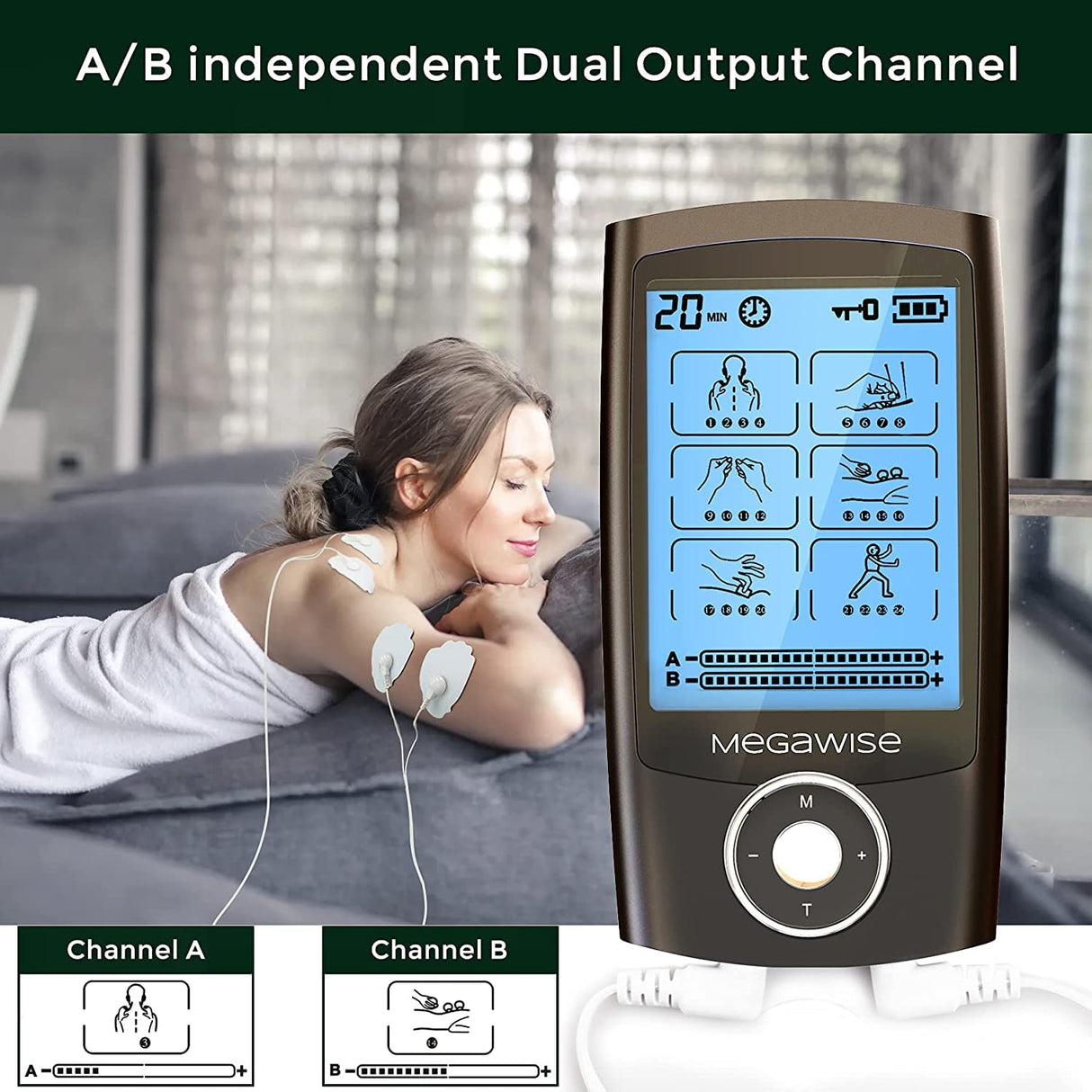 MegaWise 48 Modes(24 * 2) Dual Channel EMS TENS Unit Muscle Stimulator with 14Pcs Reusable Electrode Pads. Rechargeable Continuous Mode Electronic Pulse Massager with Storage Pouch/Pads Holder