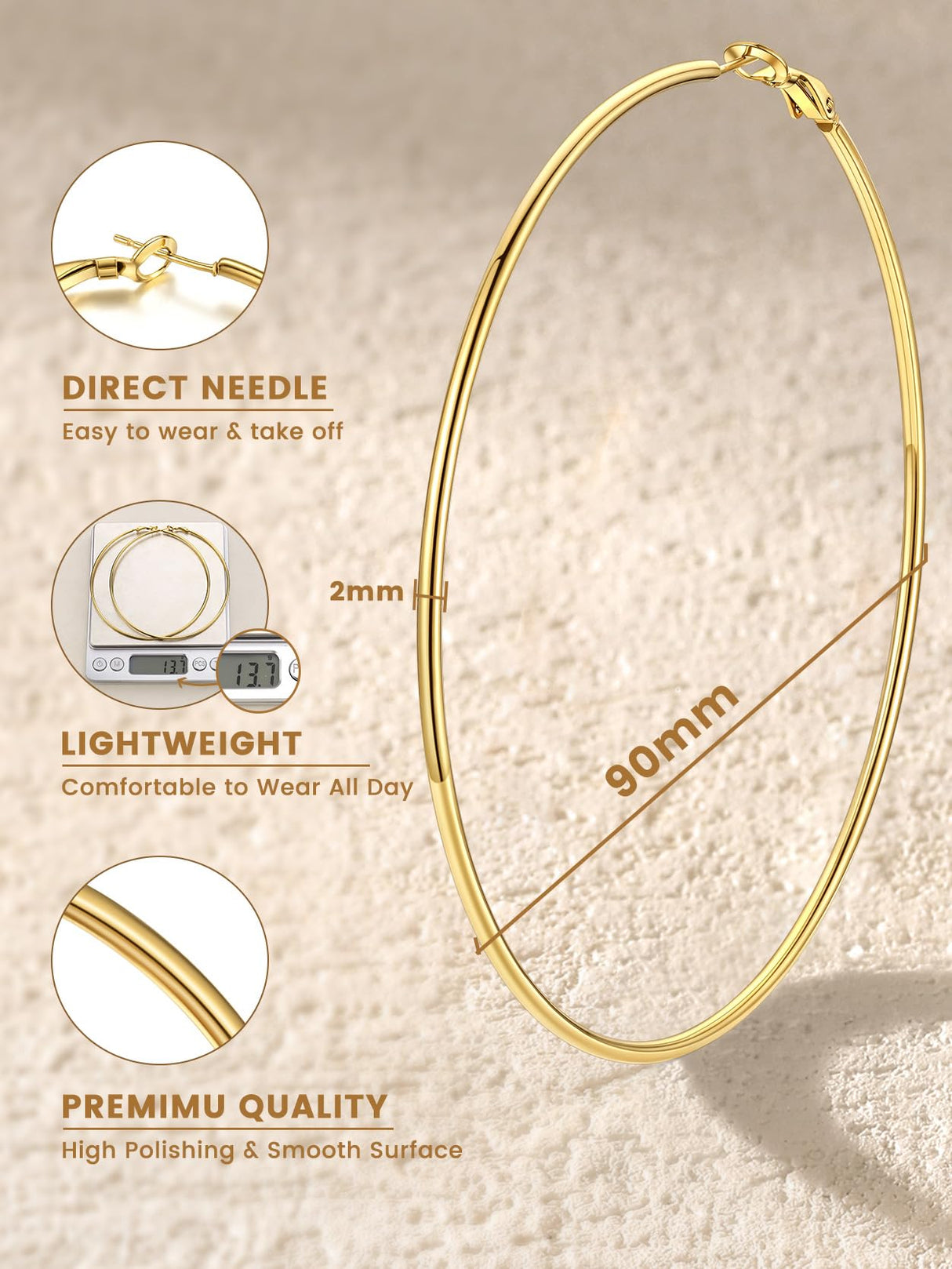 KeyStyle Hoop Earring for Women,90mm Extra Large Gold Lightweight Hoop