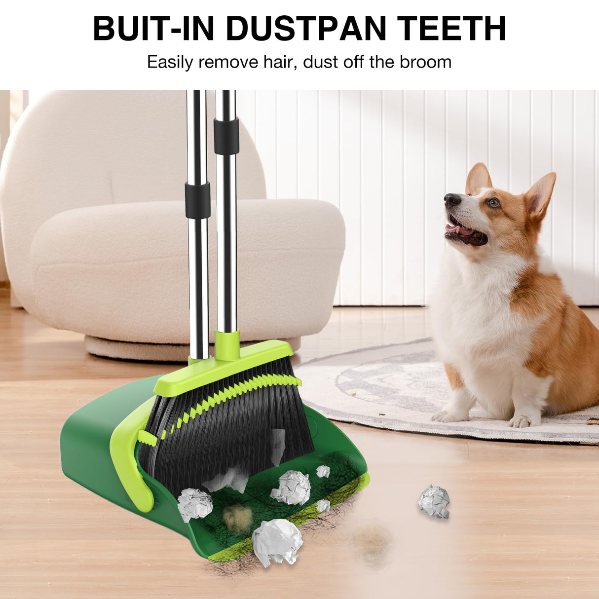 Broom and Dustpan Set, 52-in Long Adjustable Handle Broom Dustpan Combo with Dust pan Teeth to Automatically Clean Hair Suitable for Home Kitchen Office Hall Floor(Green)