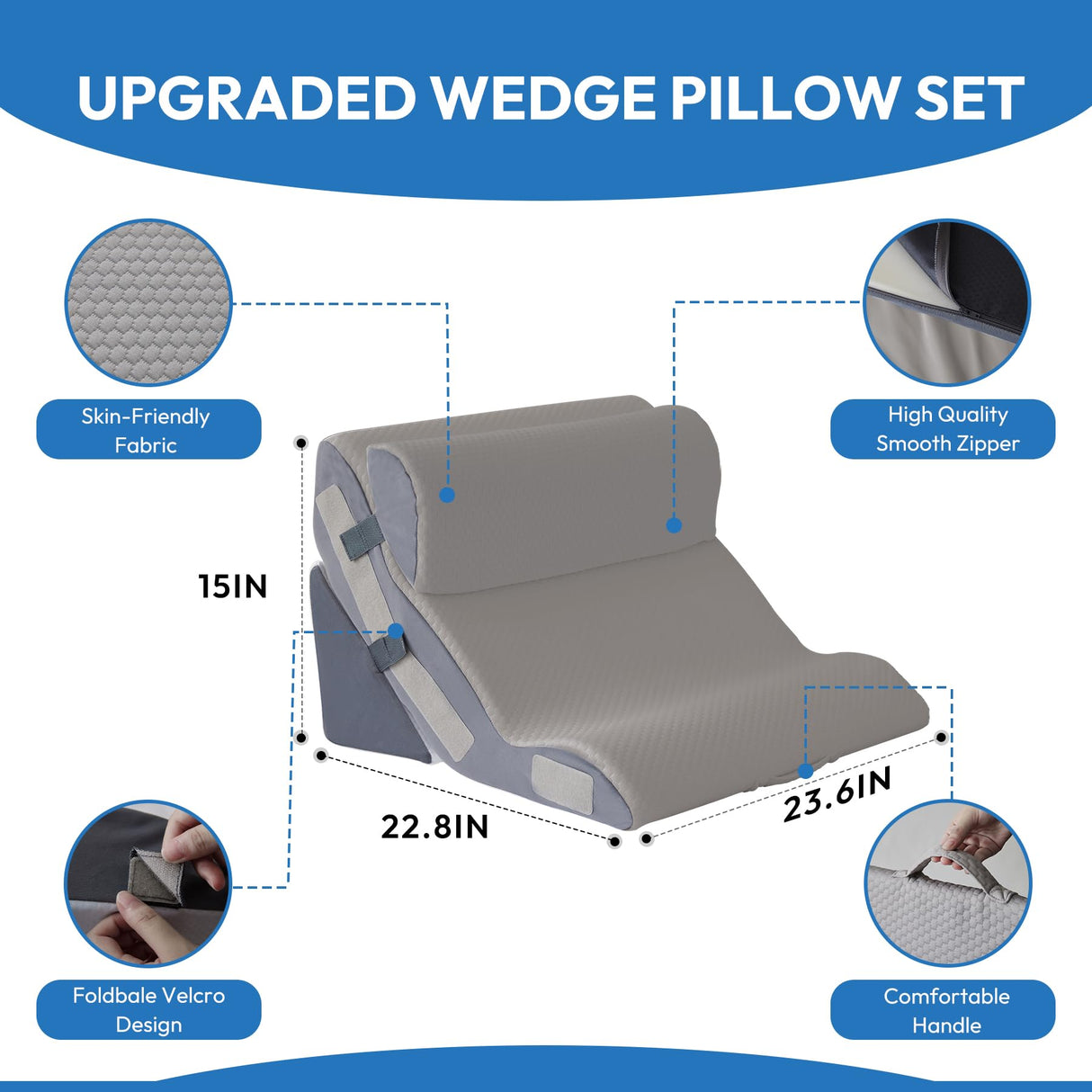 Ahpmeoa 3PCS Orthopedic Bed Wedge Pillow Set for Sleeping, Sitting up in Bed, 6-in-1 Foam Wedge Pillow for Acid Reflux & Back Pain Relief & Leg Elevation, Post Surgery Pillows for GERD & Snoring, Grey