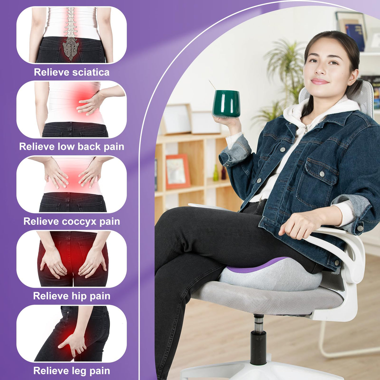 FOKEP Seat Cushion, X Large Memory Foam Cushion for Office Chair Cushions, Car Seat, Gaming Chair, Ergonomic Cushions Pad Pillow for Sciatica, Tailbone Pain Relief and Long Sitting (Purple)