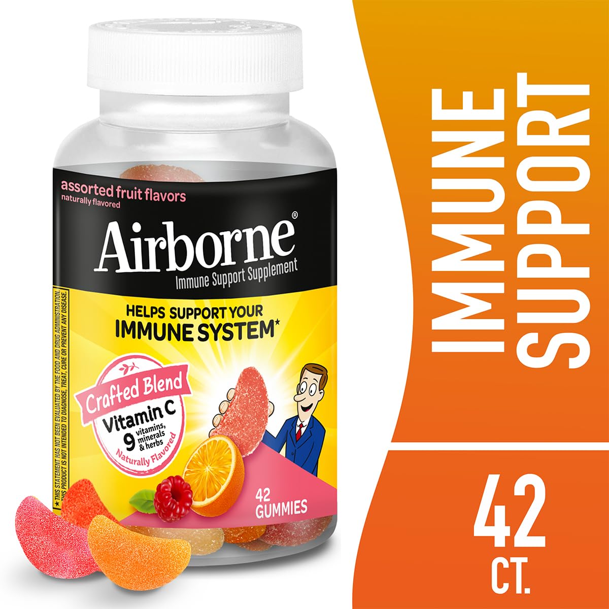 Airborne 750mg Vitamin C Immune Support Supplement Gummies for Adults, Assorted Fruit Flavor, Gluten Free Crafted Blend with Powerful Antioxidants Vitamins A C & E, 42 Gummies (3 Pack)