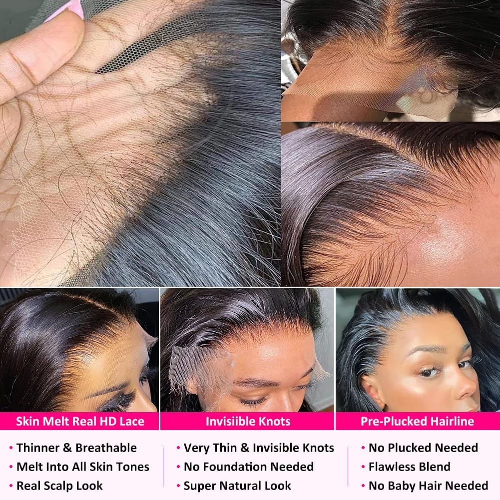 32 Inch Deep Wave Lace Front Wigs Human Hair 13x6 HD Lace Frontal Wigs Human Hair 200 Density Pre Plucked Deep Curly Lace Front Wigs For Women Glueless Deep Wave Wig with Baby Hair Natural Black