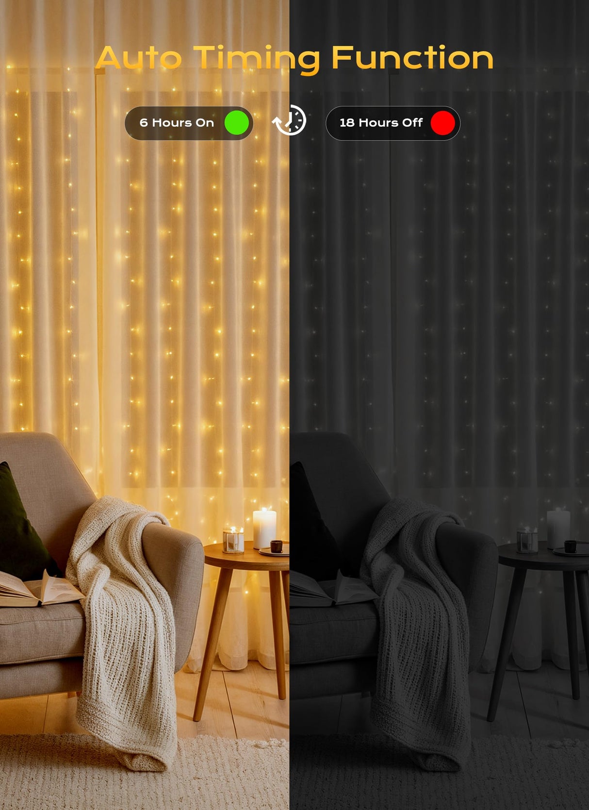 Brightown 600 LED Curtain String Lights, 20 FT Hanging Fairy Lights with Remote, 8 Modes, Waterproof Window Lights for Bedroom Backdrop Wedding Outdoor Christmas Party, Warm White