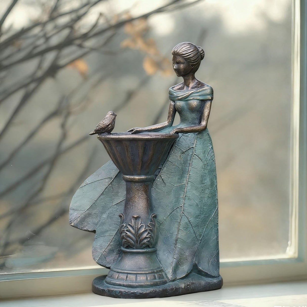DiliComing Fairy Outdoor Statue Garden Decor with Solar Birdbath 12 Inch