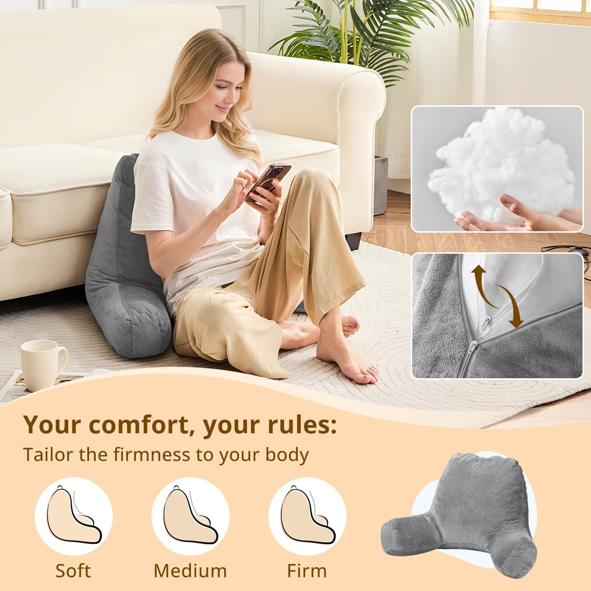 Sasttie Reading Pillow for Bed, Back Pillow for Sitting Up, Dark Grey