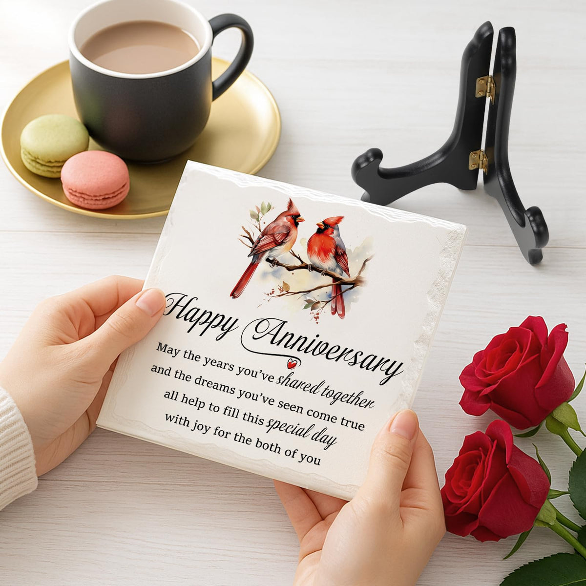 LukieJac Anniversary Couples Gifts - Cardinal Ceramic Plaque - Happy Anniversary Presents for Couples - Romantic Wedding Celebrate Keepsake Desk Decorations Christmas Gift