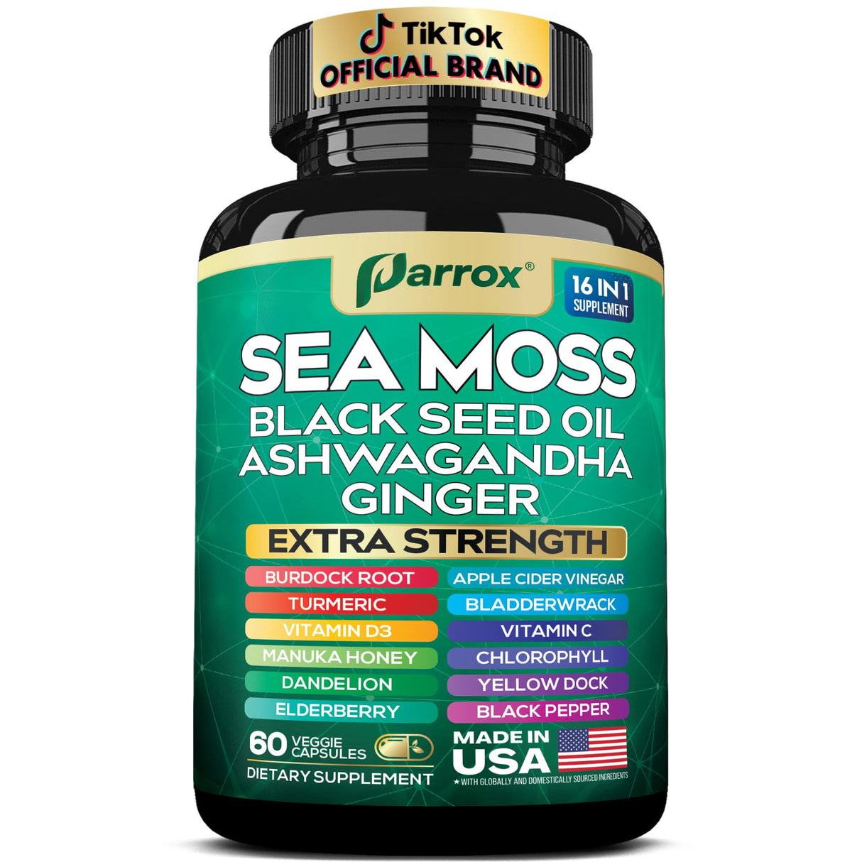 Parrox Sea Moss, Black Seed Oil, Ashwagandha, Turmeric, Chlorophyll, Dandelion, Ginger, Vitamin D3, Black Pepper, Elderberry, ACV, Yellow Dock, Burdock Root, Manuka, Vitamin C, Bladderwrack (60 Caps)