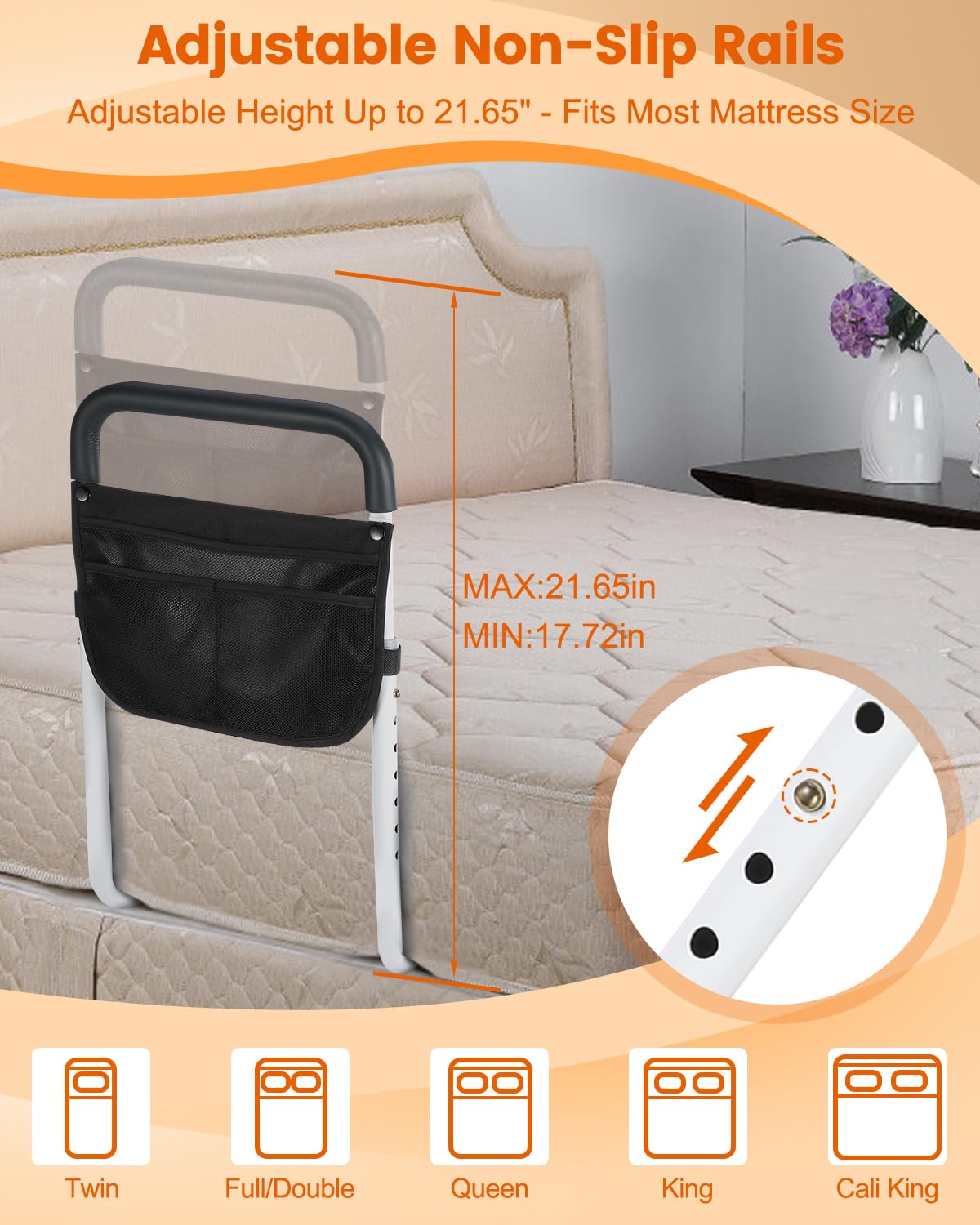 Bed Rails for Elderly Adults Safety - Adjustable Bed Assist Rail for Seniors - Stable Bed Side Rails Handle Support Bar Bed Guard Rails with Storage Bag & Fixing Strap, Fit King Queen Full Twin Bed