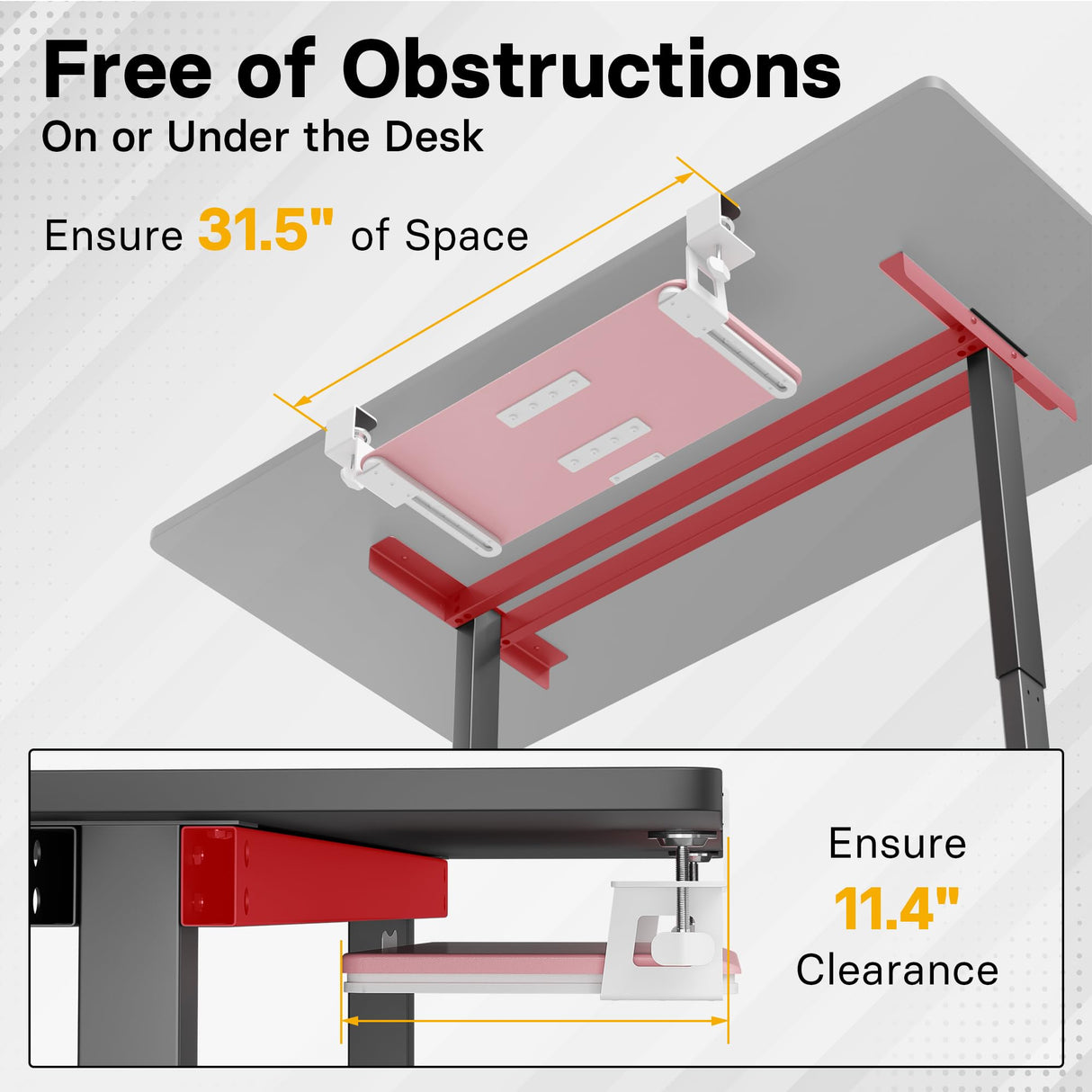 BONTEC KMT01 Under Desk Keyboard Tray, Pull-Out Keyboard & Mouse Platform with C-Clamp, 25.6 x 11.8 in Space-Saving Ergonomic Slide-Out Drawer, Pink