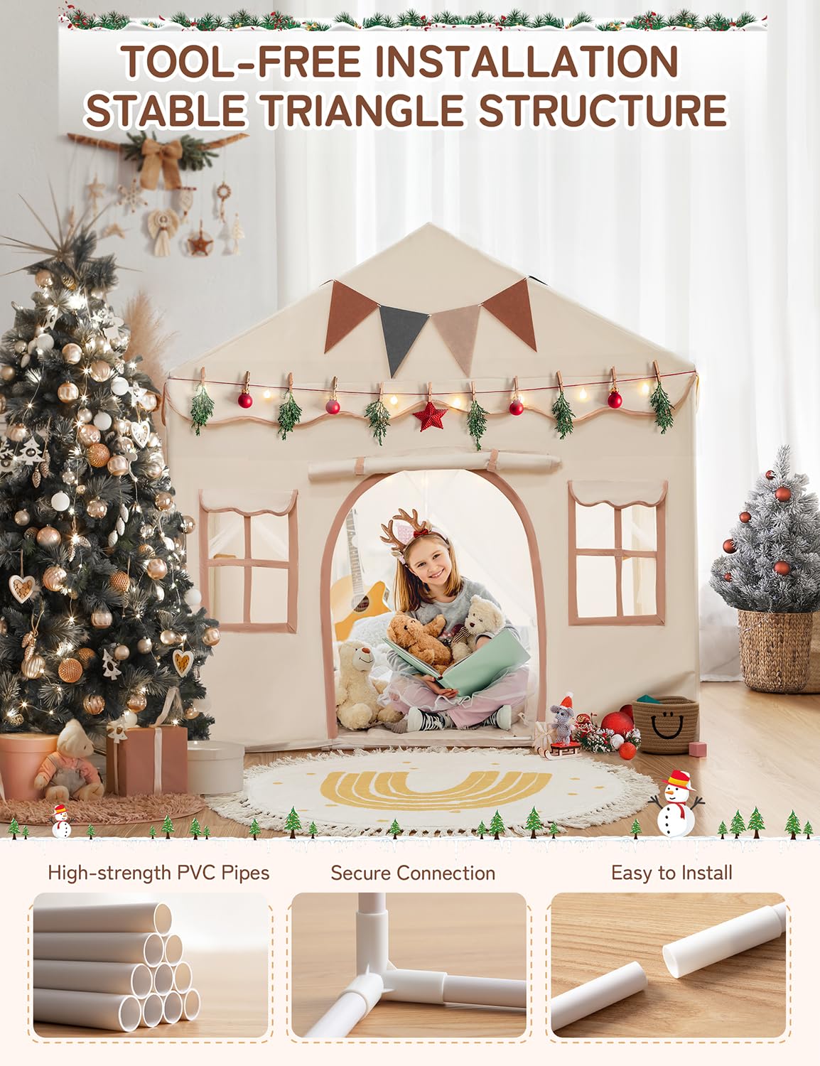 Besrey Kids Play Tent 2 in 1 with Padded Mat and Lights, Large Kids Playhouse with 2 Doors & 4 Windows, Indoor & Outdoor, Christmas Toddler Tent, 51" x35" x 51"