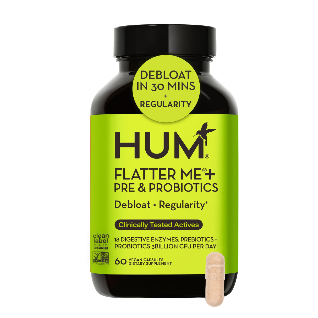 HUM Flatter Me Digestive Enzymes with Probiotics & Prebiotics - Fast-Acting Bloat Relief, Digestive Health and Regularity, Vegan Formula 60 Servings