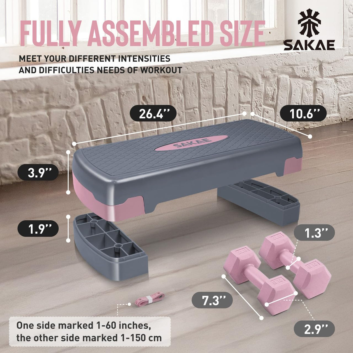 Aerobic Stepper Set with Dumbbells & Measuring Tape, Adjustable Height 2 Level Risers Workout Exercise Step Platform, Pink Grey, the Ultimate Gift for a Joyful Holiday and Merry Christmas