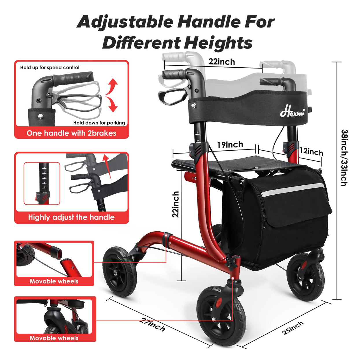 Henmnii Rollator Walker for Seniors, Lightweight Foldable All Terrain Rolling Walker with seat, Aluminum Walkers with 8 inch Rubber Wheels, Handles and Backrest for Seniors and Adult