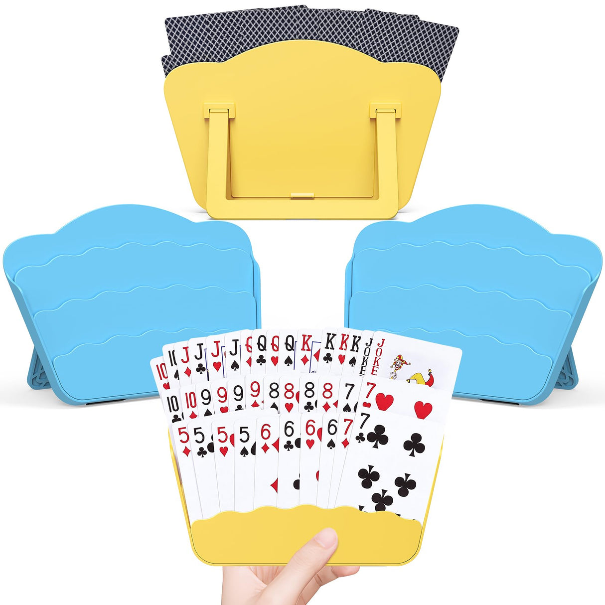 RESOVO Playing Cards Holders Stands Decks w/Foldable Tabletop Stand, 3 Layers Design for Poker UNO Cards, Playing Card Accessories, Set of 4 (2 Blue + 2 Yellow)