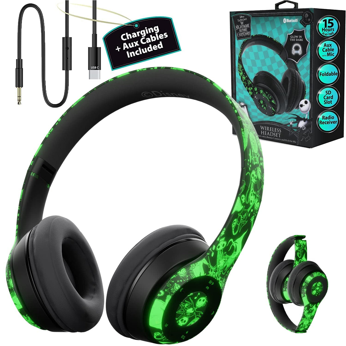iJoy Disney Nightmare Before Christmas Glow in The Dark Bluetooth Headphones Over Ear, Wireless and Wired Foldable Headset Built-in Microphone - Tim Burton Jack Skellington & Sally - Adults Kids