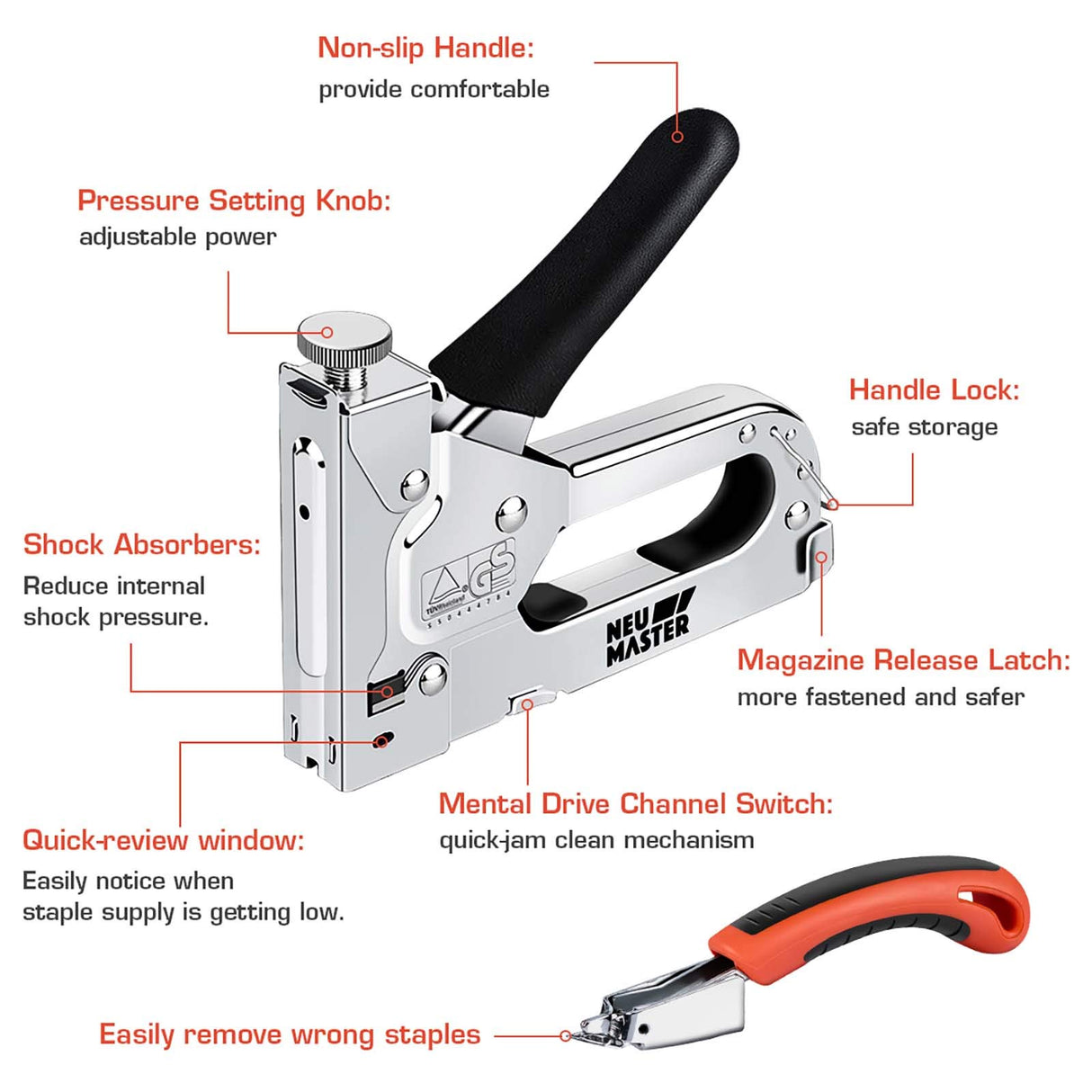 NEU MASTER 3 in 1 Staple Gun, Manual Upholstery Stapler Gun for Wood with 2000 Staples & Staple Remover, Adjustable Power Design for Furniture, Carpentry, DIY, Decoration & Home Repair