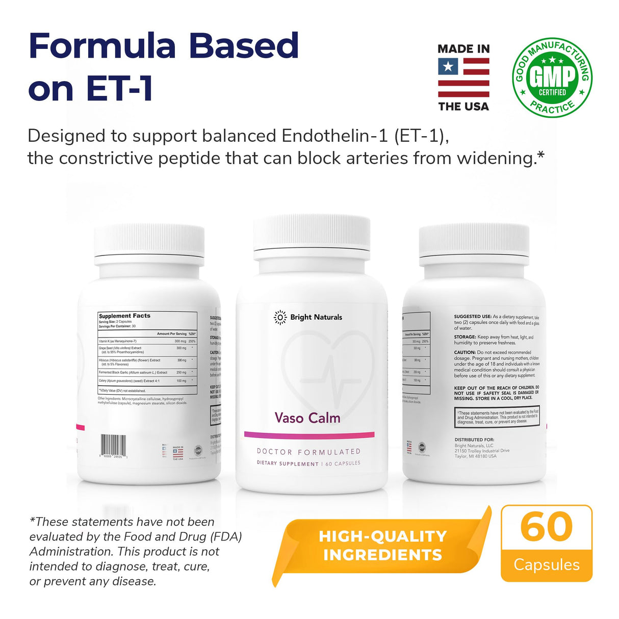 Bright Naturals Vaso Calm - Healthy Blood Balance Supplement - Features Fermented Garlic, Celery and Grape Seed Extract, Hibiscus, and Vitamin K2 - Made in The USA, 180 Capsules