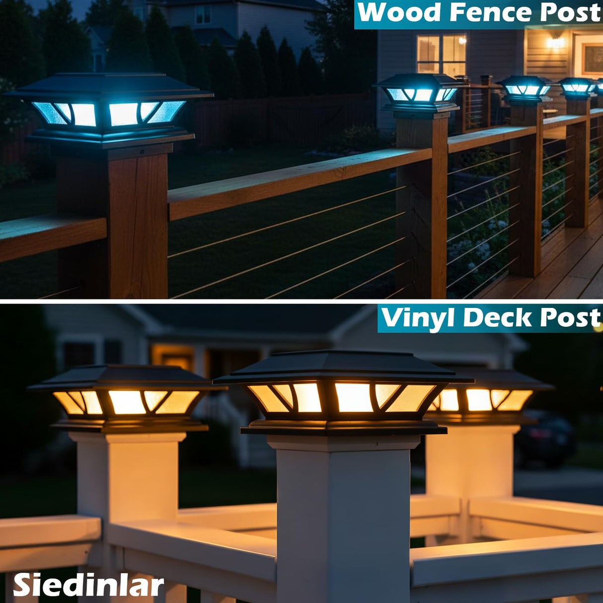 SIEDiNLAR Solar Post Lights Outdoor 2 Modes LED Deck Fence Cap Light for 4x4 5x5 6x6 Posts Patio Garden Decoration Warm White/Cool White Lighting Black (6 Pack)