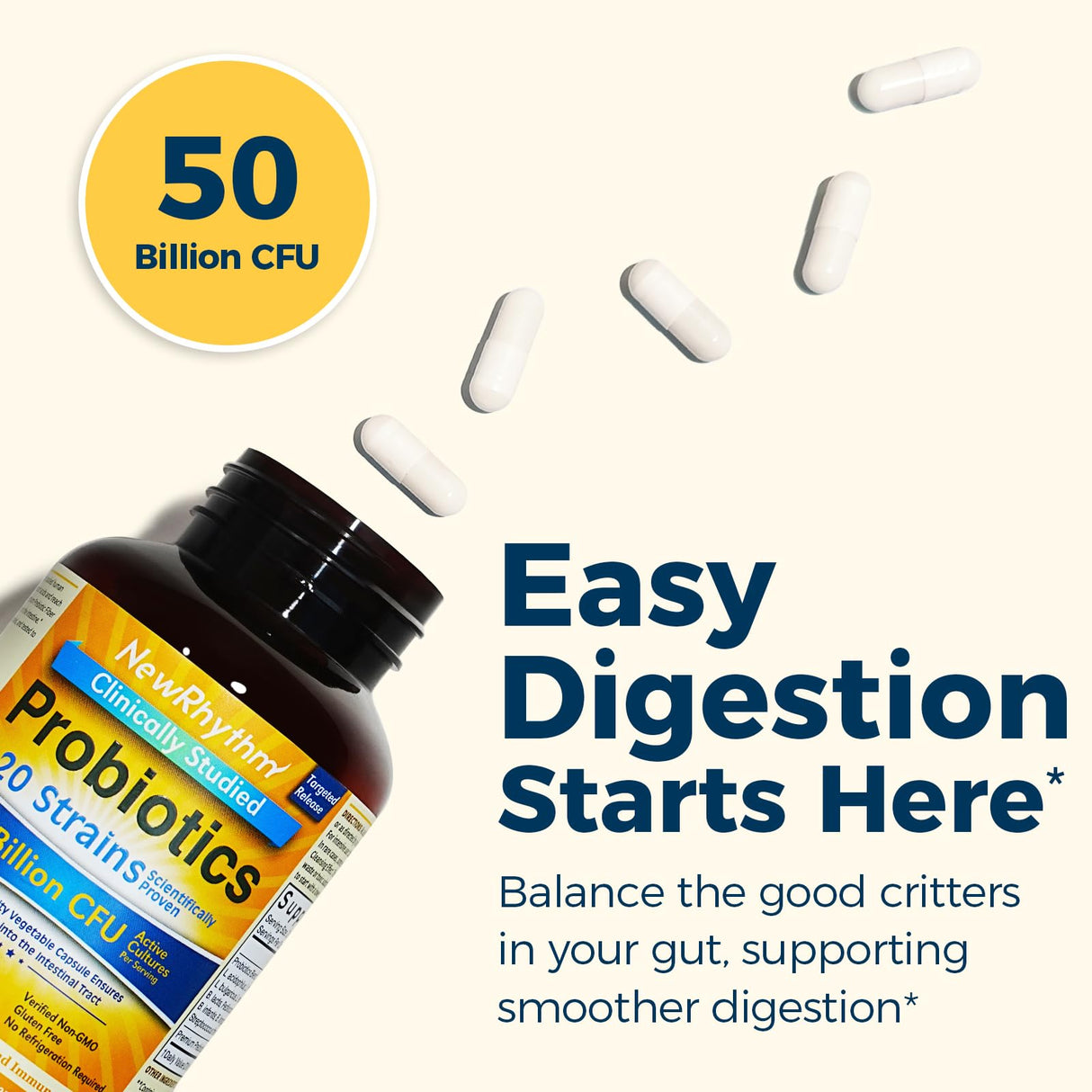 NewRhythm Probiotics 50 Billion CFU 20 Strains, 120 Veggie Capsules, Targeted Release Technology, Stomach Acid Resistant, No Need for Refrigeration, Non-GMO, Gluten Free