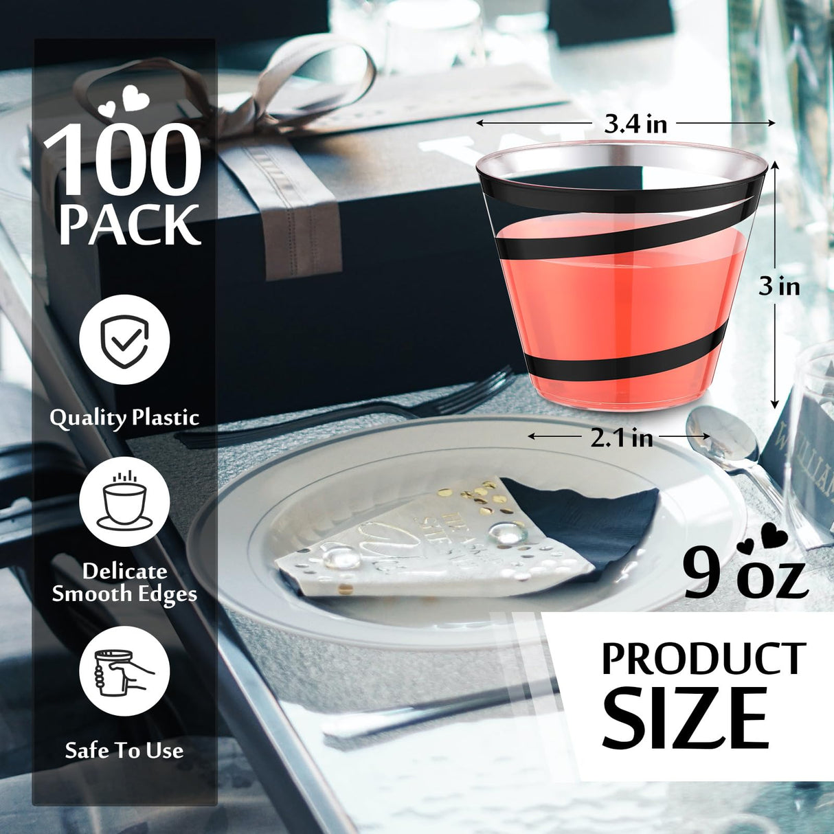 Gejoy 9 oz Rimmed Swirl Plastic Cups Disposable Wine Drinking Cups Clear Elegant Halloween Tumblers for Christmas Party Supplies(Black,100 Pcs)