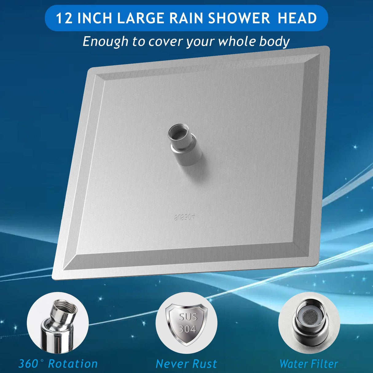 Voolan Rain Shower Head - High Flow Large Rainfall Shower Heads Made of Stainless Steel - Waterfall Bathroom Square Showerhead - Ceiling or Wall Mount (12" Brushed Nickel)
