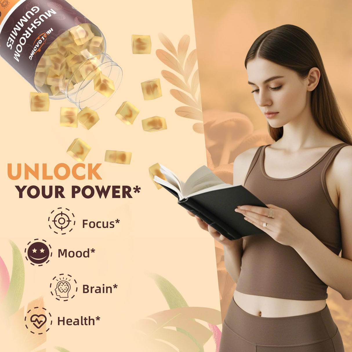 HEALOADING Mushroom Gummies with Lions Mane & Cordyceps | Brain Health, Immune Support & Memory Enhancement | Vegan Supplement with Vitamin D3, B6, B9, B12 | 60 Chewable Gummies