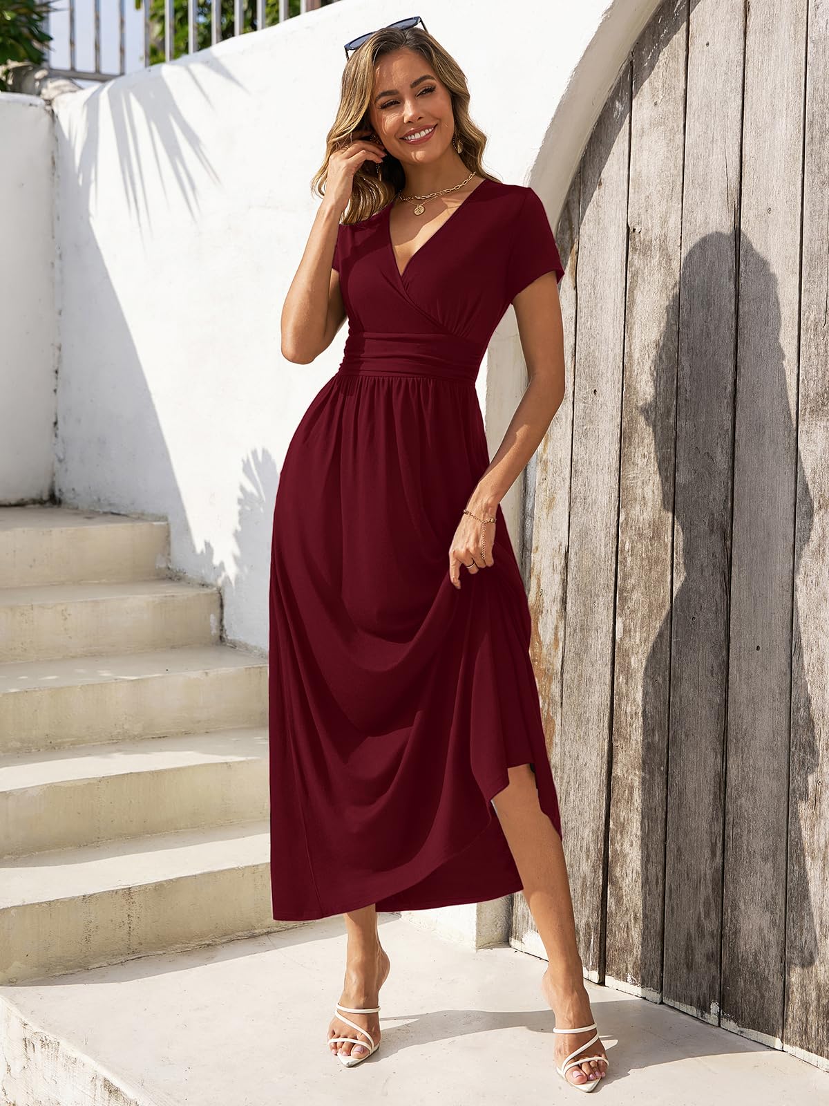 Gracyoga Womens Summer Wrap Christmas Dresses Fall Midi Smocked Swing Wine Red Dress Empire Waist Vintage V Neck High Waist Casual Long Sundress Dinner Outfit L