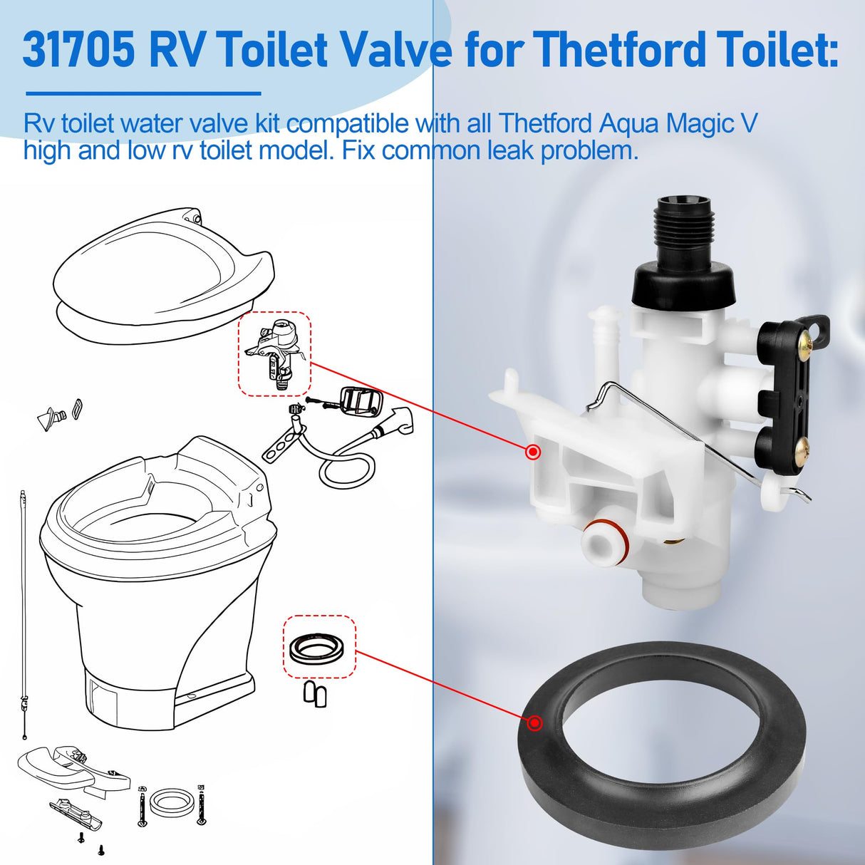 31705 RV Toilet Water Valve Kit for Thetford Aqua-Magic V Toilets, RV Toilet Valve fits All Aqua Magic V High and Low Toilet Models 31688 31687, RV Toilet Parts