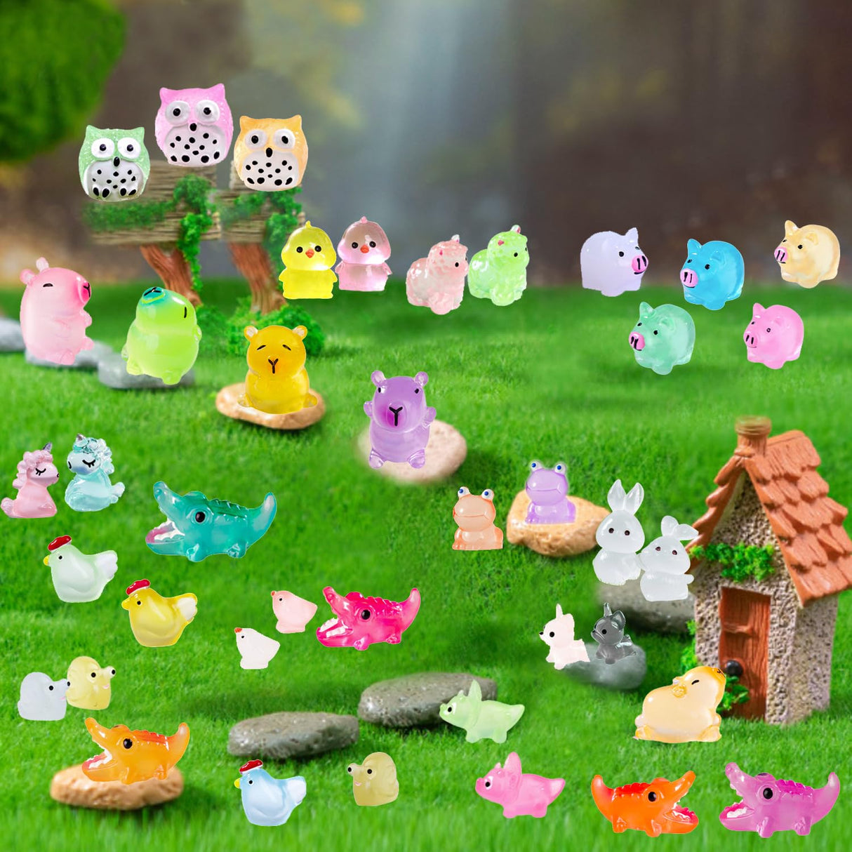 U-Zimikee 150 Pcs Luminous Mini Resin Animals Miniature Animals Figurines Tiny Little Animals Glow in Dark Small Animal Figures to Hide Mini Animals Micro Landscape Ornaments Fairy Garden Accessories