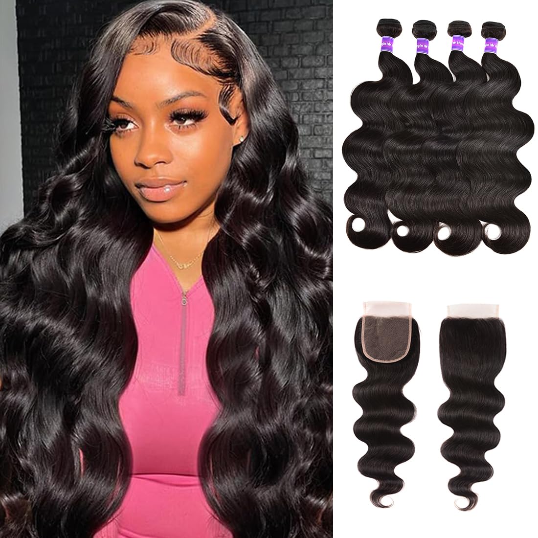 Human Hair Bundles with Closure Body Wave(22 24 26 28+20,Free Part) Brazilian Virgin Hair Extensions Pre Plucked with Baby Hair Wet and Wavy Body Water Curly with 4x4 Lace Closure Natural Color
