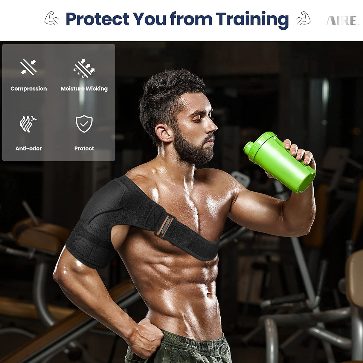 AIRE Shoulder Brace for Men and Women Recovery, Adjustable Shoulder Support for Rotator Cuff, AC Joint Pain Relief, Arm Sling for Injury, Perfect Fit Arm Compression Sleeve (One Size Regular)