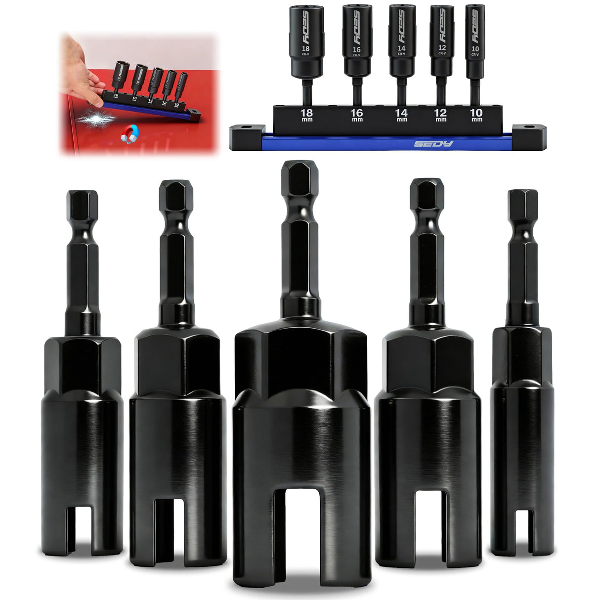 5-Piece Wing Nut Driver Set (10mm,12mm,14mm,16mm,18mm) with Magnetic Aluminum Storage Rail, 1/4" Hex Shank Wing Nut Driver Bit Set, Metric Wing Nut socket Set for Wing Nut, Eye Bolt, Wire Twisting