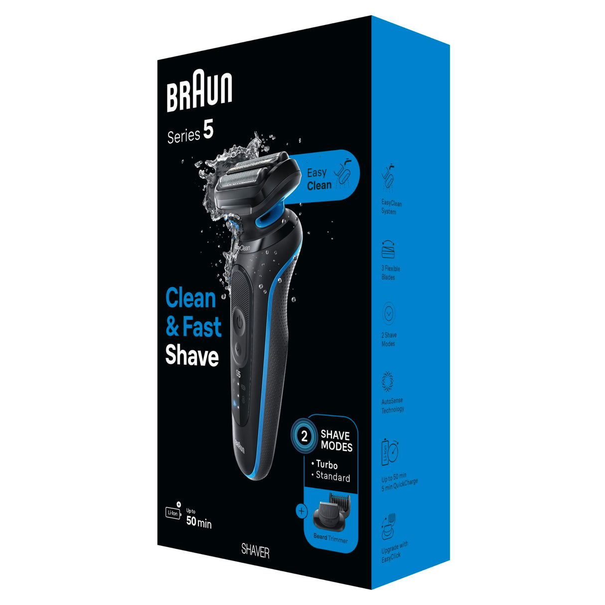 Braun Electric Shaver for Men, Series 5 5120s, Wet & Dry Shave, Turbo Shaving Mode, Foil Shaver, Engineered in Germany, with Beard Trimmer & Attachments, Blue