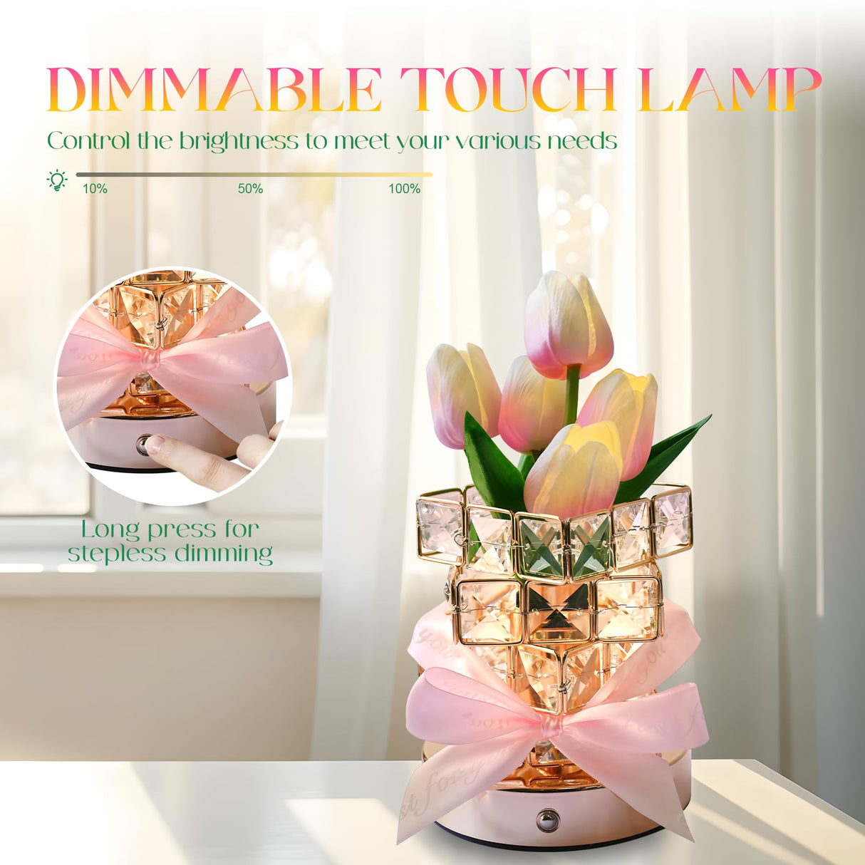 NuuNuy Mother's Day Gifts for Her, Birthday Gifts for Women,LED Tulip Cordless Night Light Dimmable Crystal Base with USB Charge, Small Night Light Home Decor,Gift for Xmas,Housewarming