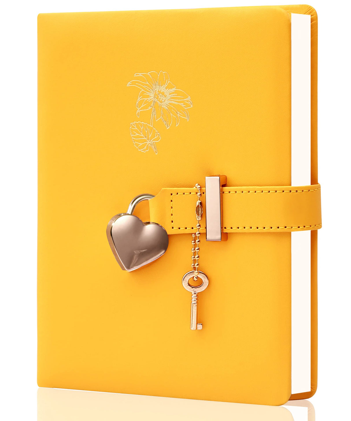CAGIE Diary with Lock and Key for Girls Heart Shaped Lock Diary for Women PU Leather Kids Journal Secret Notebook with Lock for Travel Cute Diary for Gifts, 5.3 x 7 inches, Yellow