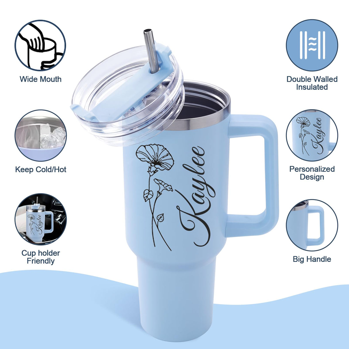 Elemtansy Personalized 40 Oz Tumbler with Handle and Straw, Custom Cup with Name & Birth Flower, Stainless Steel Travel Coffee Tumbler,Personalized Christmas Birthday Gifts for Women, Teen Girls