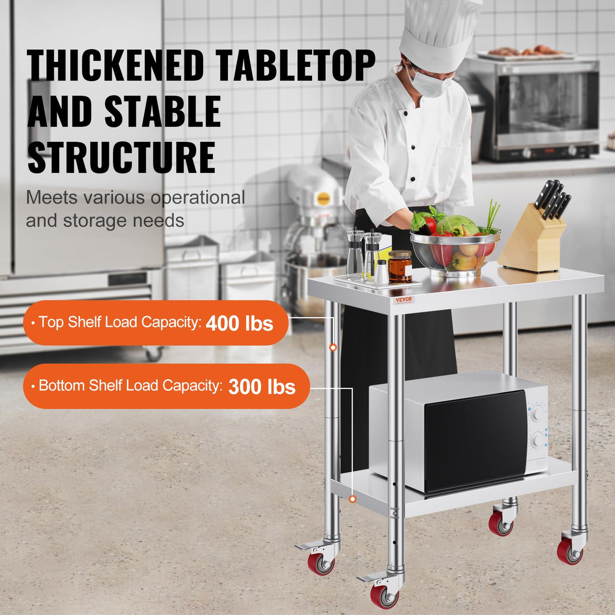 Mophorn Stainless Steel Work Table with Wheels 24 x 30 x 32 Inch Prep Table with 4 Casters Heavy Duty Work Table for Commercial Kitchen Restaurant Business, Silver and Black