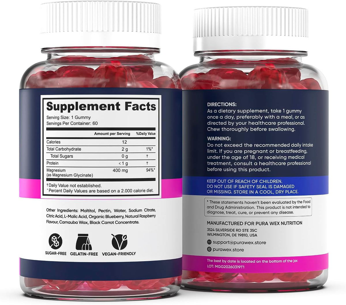 Magnesium Glycinate 400mg Gummies - Relax & Sleep, Men & Women, Raspberry