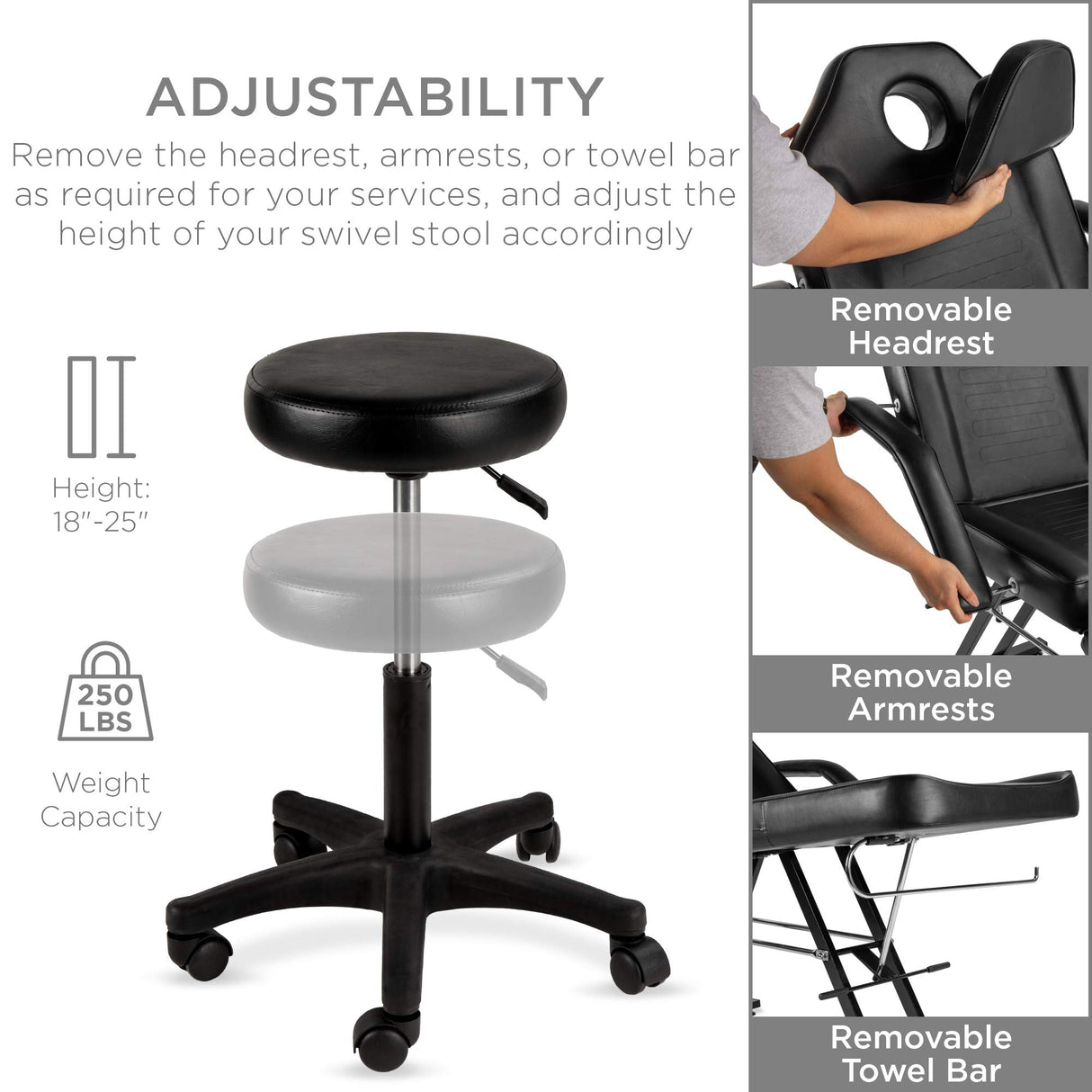 Best Choice Products 71in 3-Section Multipurpose Massage Bed, Spa & Salon Facial, Tattoo Chair w/Hydraulic Stool, Removable Headrest, Facial Cradle, Towel Hanger - Black