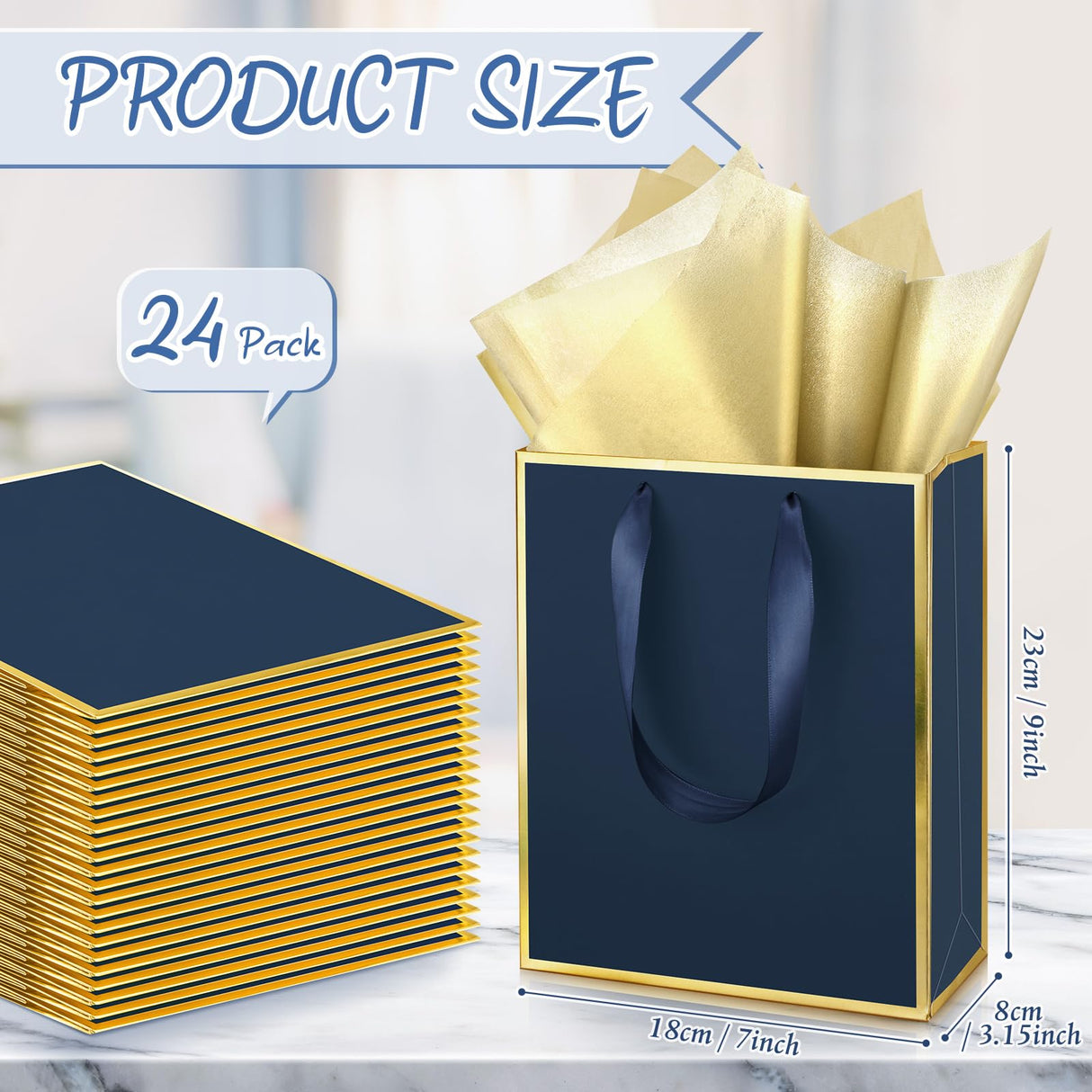 Yeaqee 24 Pack Metallic Paper Gift Bags with Handle and Tissue 9x7x3.1 Gold Foil Welcome Favor Bags Return Gifts for Wedding Fall 5 Senses Christmas Bridesmaid Birthday(Navy Blue, Gold)
