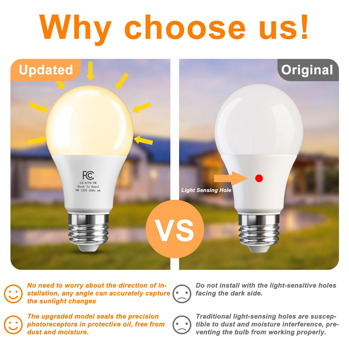 TJOY Dusk to Dawn Light Bulbs Outdoor, Light Sensor LED Light Bulb, Automatic on/Off Photocell Bulb for Outdoor Porch Lighting, 60W Equivalent, Energy Efficient 9W, Soft White 2700K,E26 Base, 4 Pack