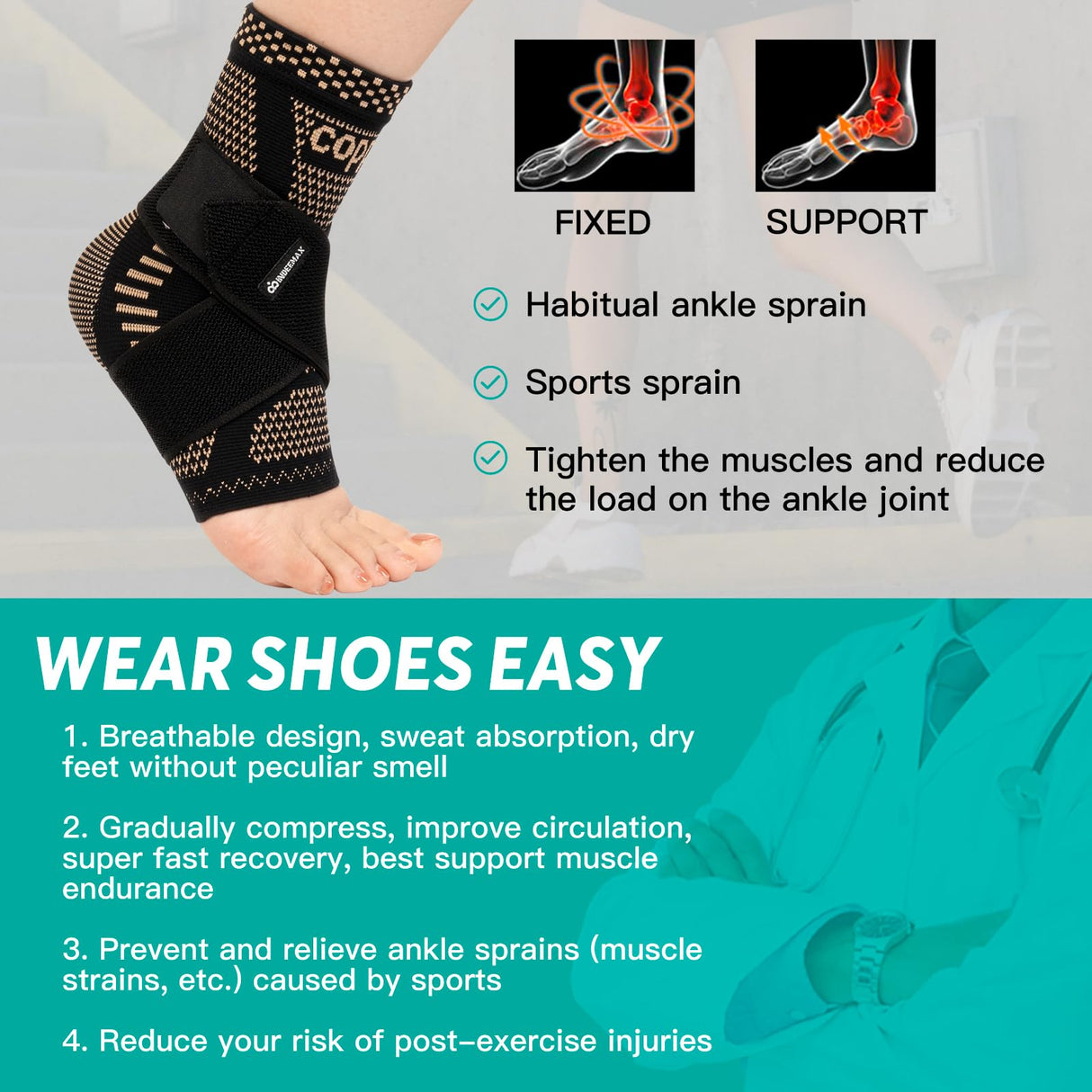 INDEEMAX Ankle Brace for Sprained Ankle Compression Sleeve, 2 Pack Copper Infused Ankle Support Brace for Women & Men, Plantar Fasciitis Relief Achilles Tendonitis, Sports Running, Copper Black, 2XL