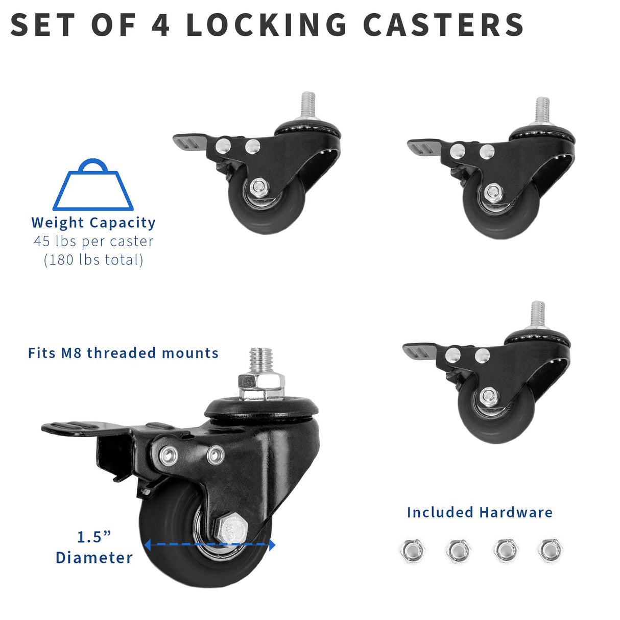 VIVO 1.5 inch M8 Threaded Locking Caster Wheels, Set of 4, Swivel, Rubber Base, Brake, Used for Standing Desk Frames, TV Stands, Carts, and More, PT-ST-015C